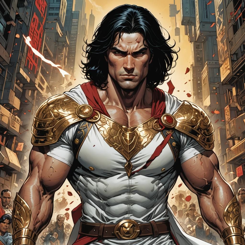 Muscular Hero in White Tunic Comic Book Art
