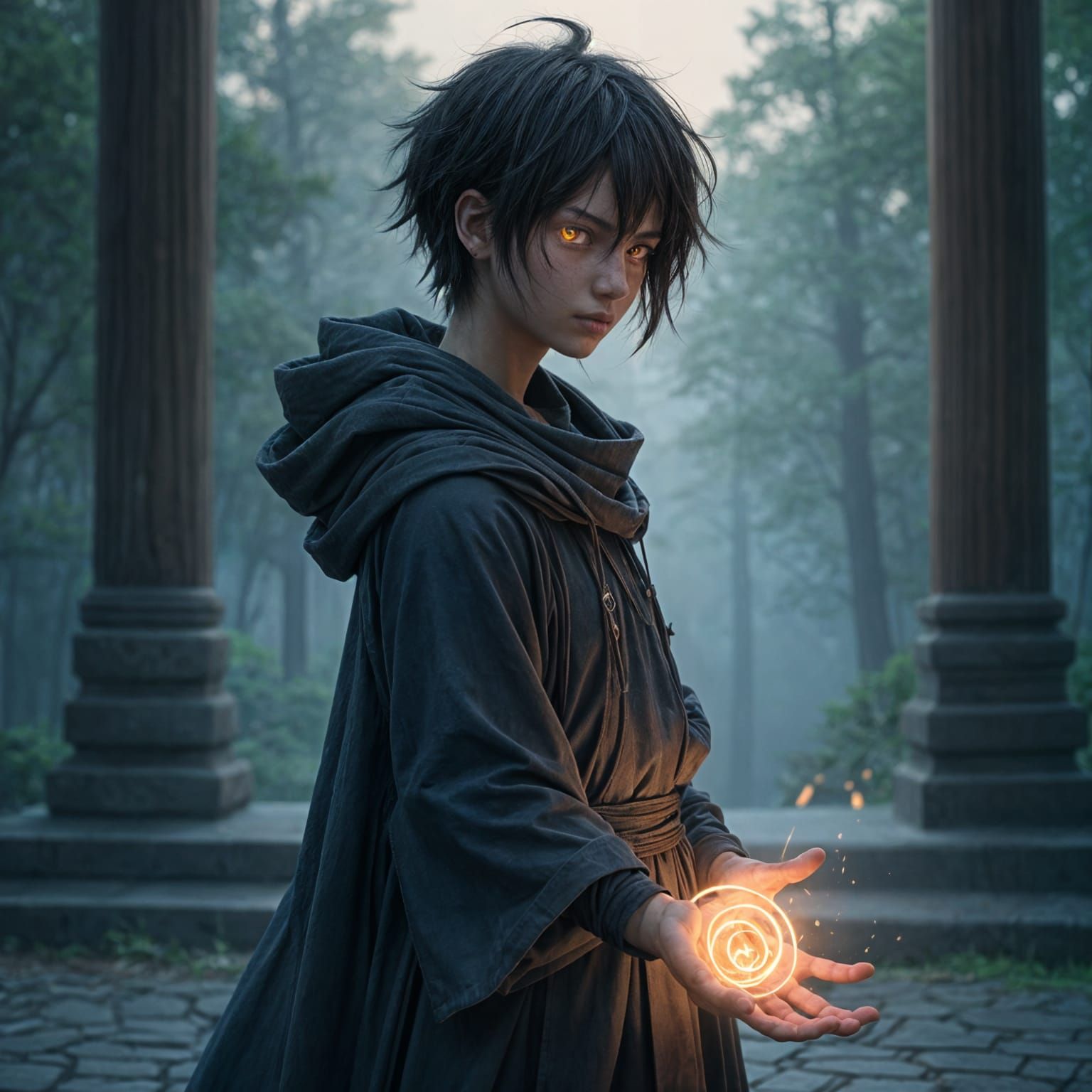 Mysterious Anime Youth with Intense Calm Eyes