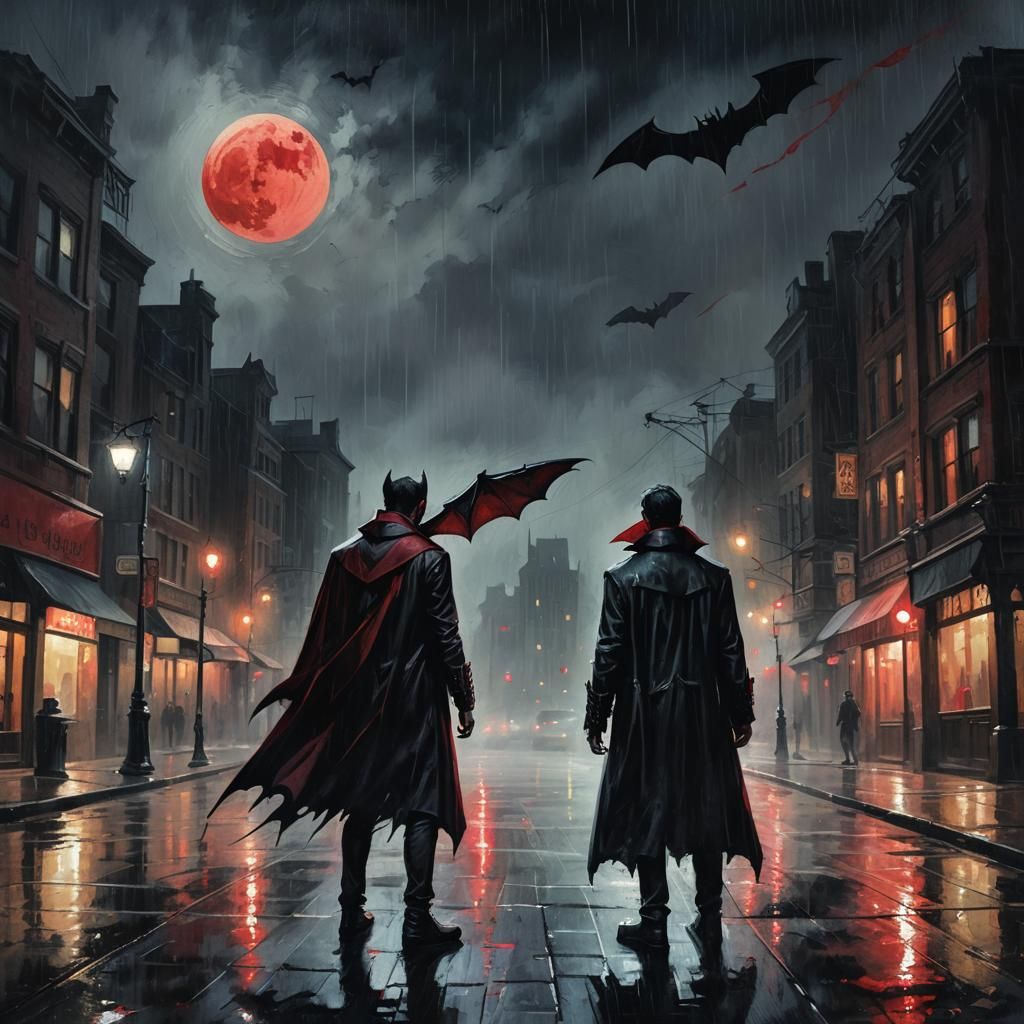 Vampire in Rainy City Street, Gothic Oil Painting