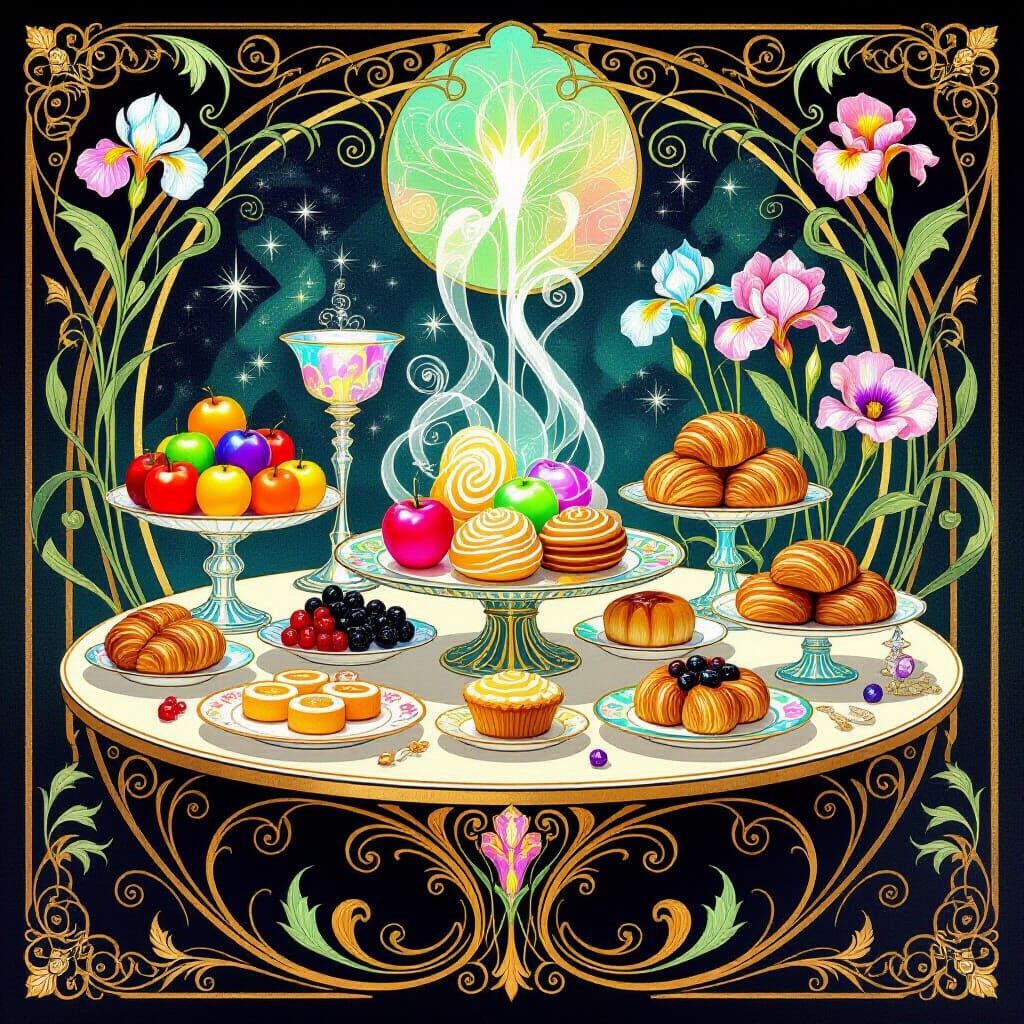 Magical Art Nouveau Feast with Glowing Enchanted Delicacies