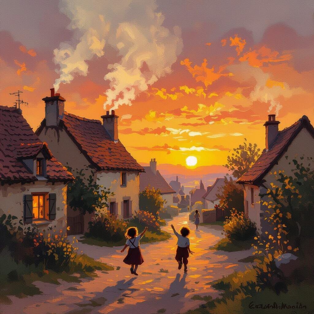 Cozy Village Sunset with Children Playing in Golden Light