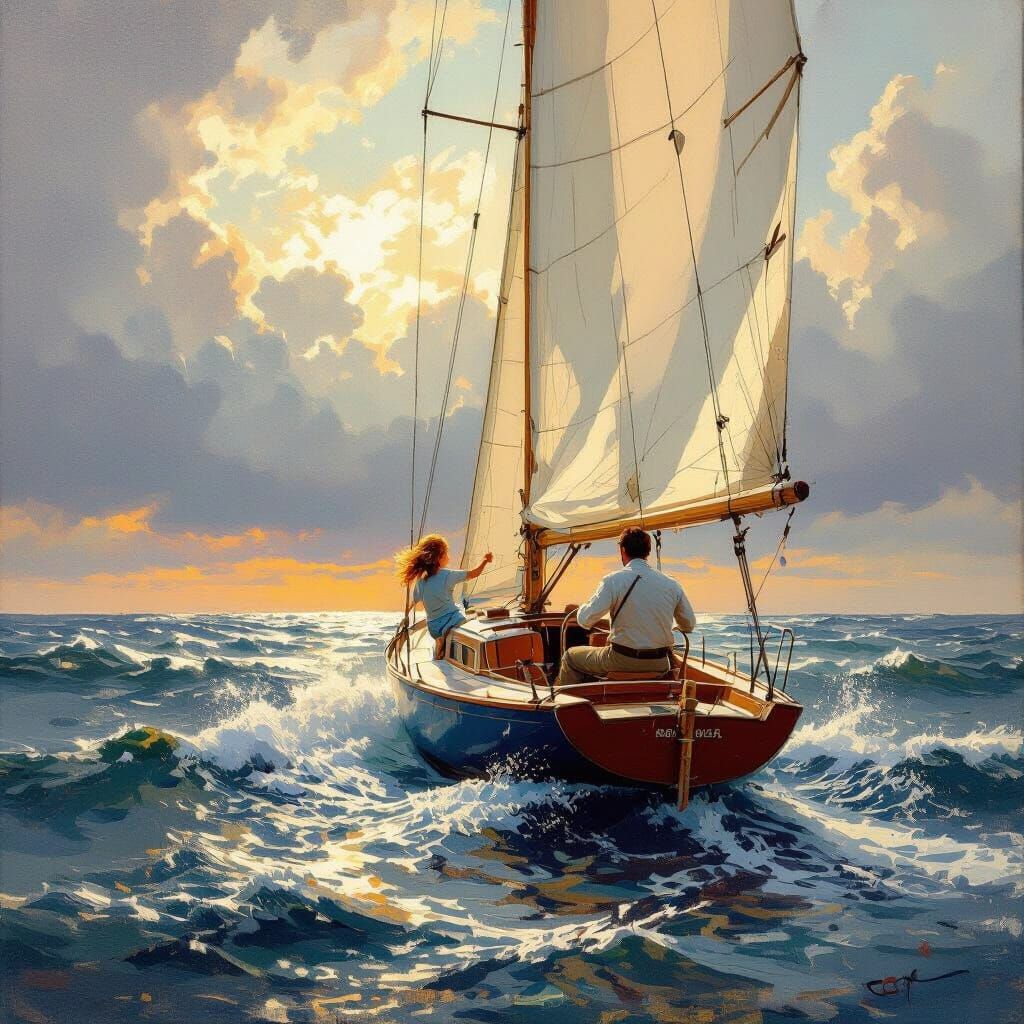 Father and Daughter Sail Sloop on Rough Seas