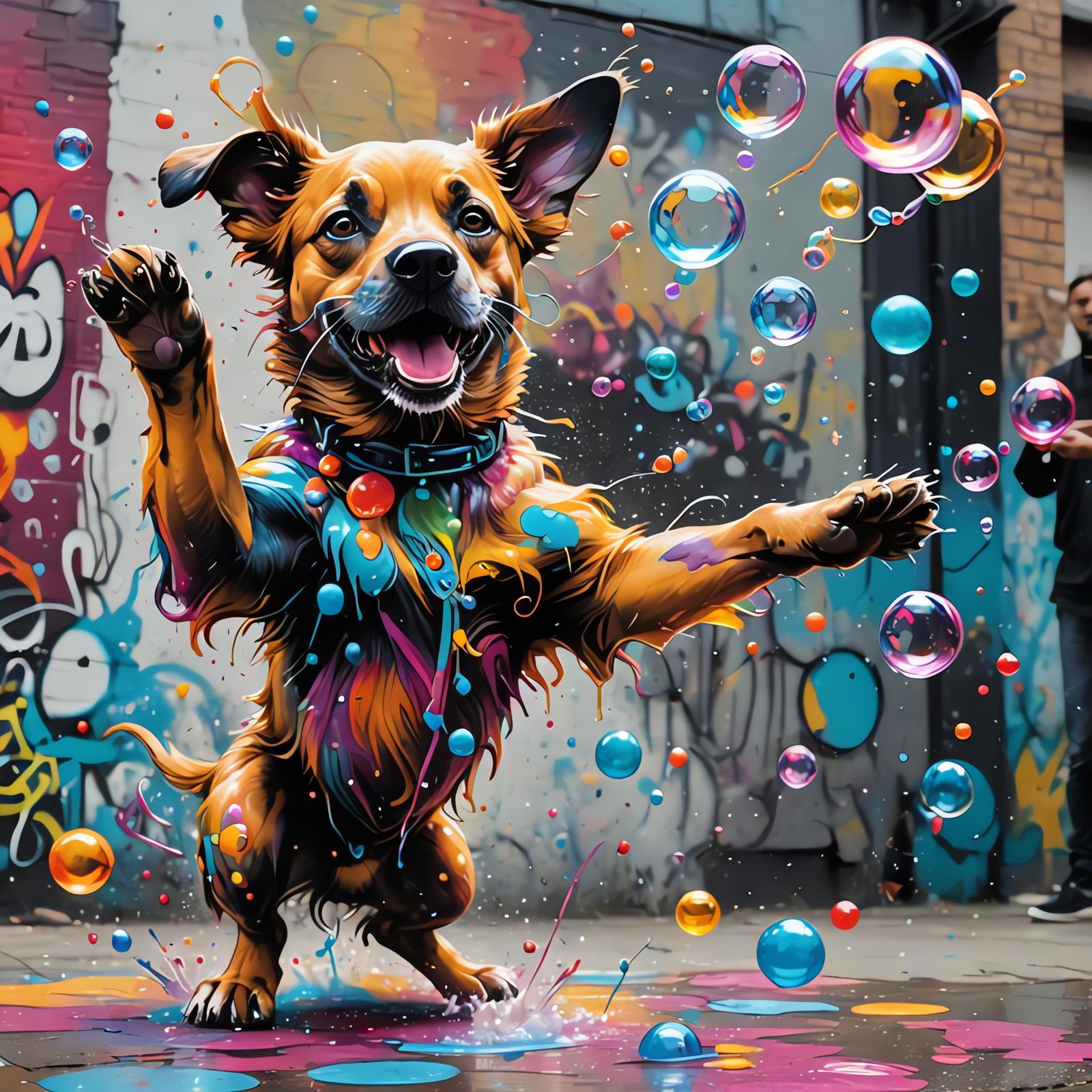 Dog Dancing with Bubbles in Graffiti Art Style