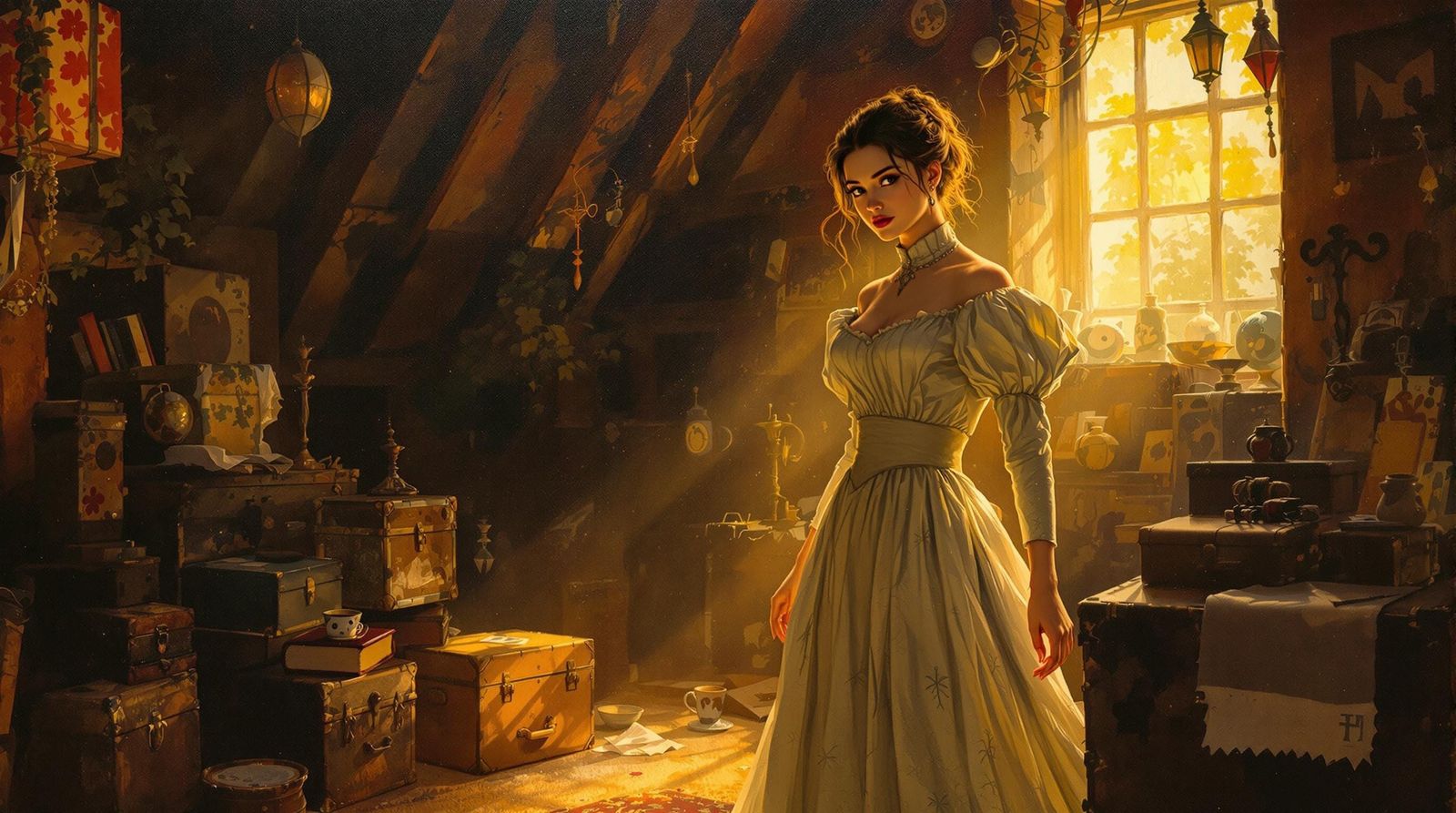 Victorian Woman in Attic, Oil Painting Style