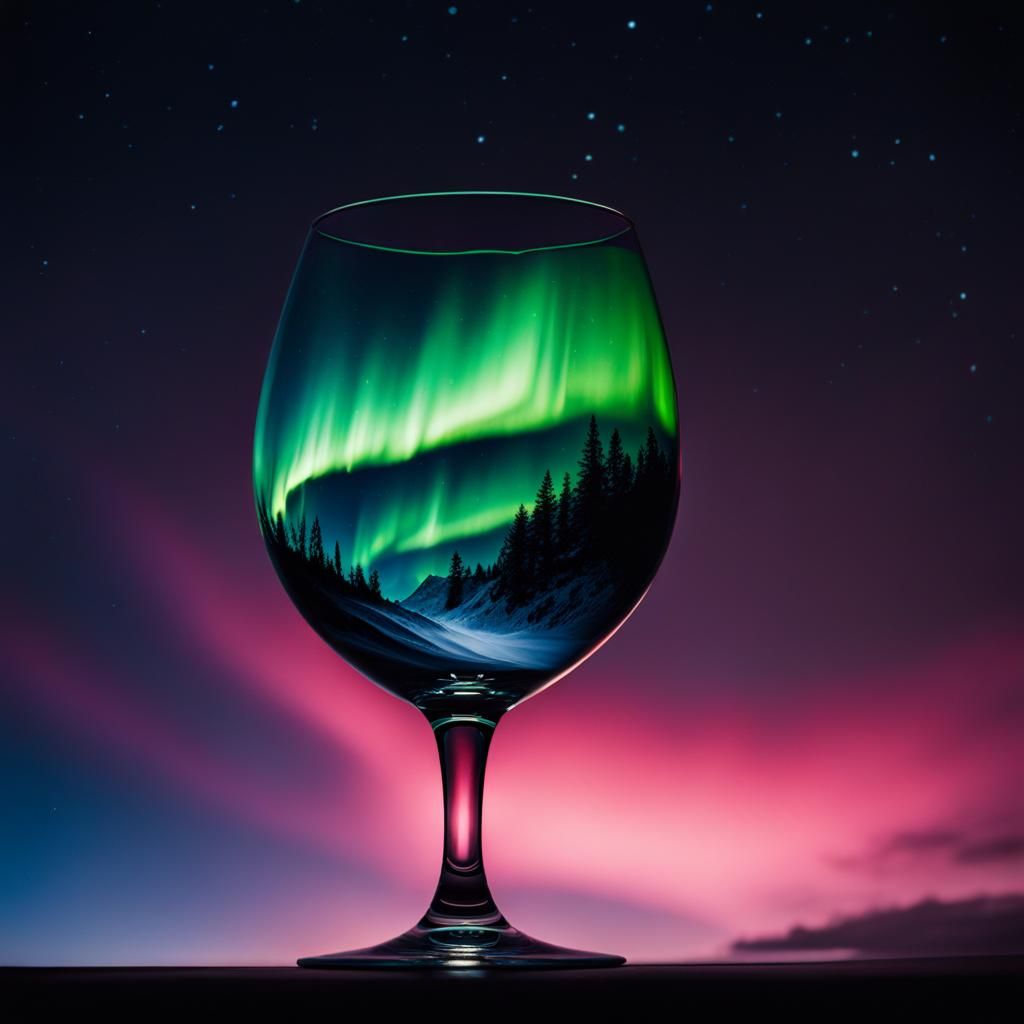 A night sky aurora borealis in a wine glass. Elegant, mysterious. Astral. Close up portrait, ambient light, Nikon 15mm ...