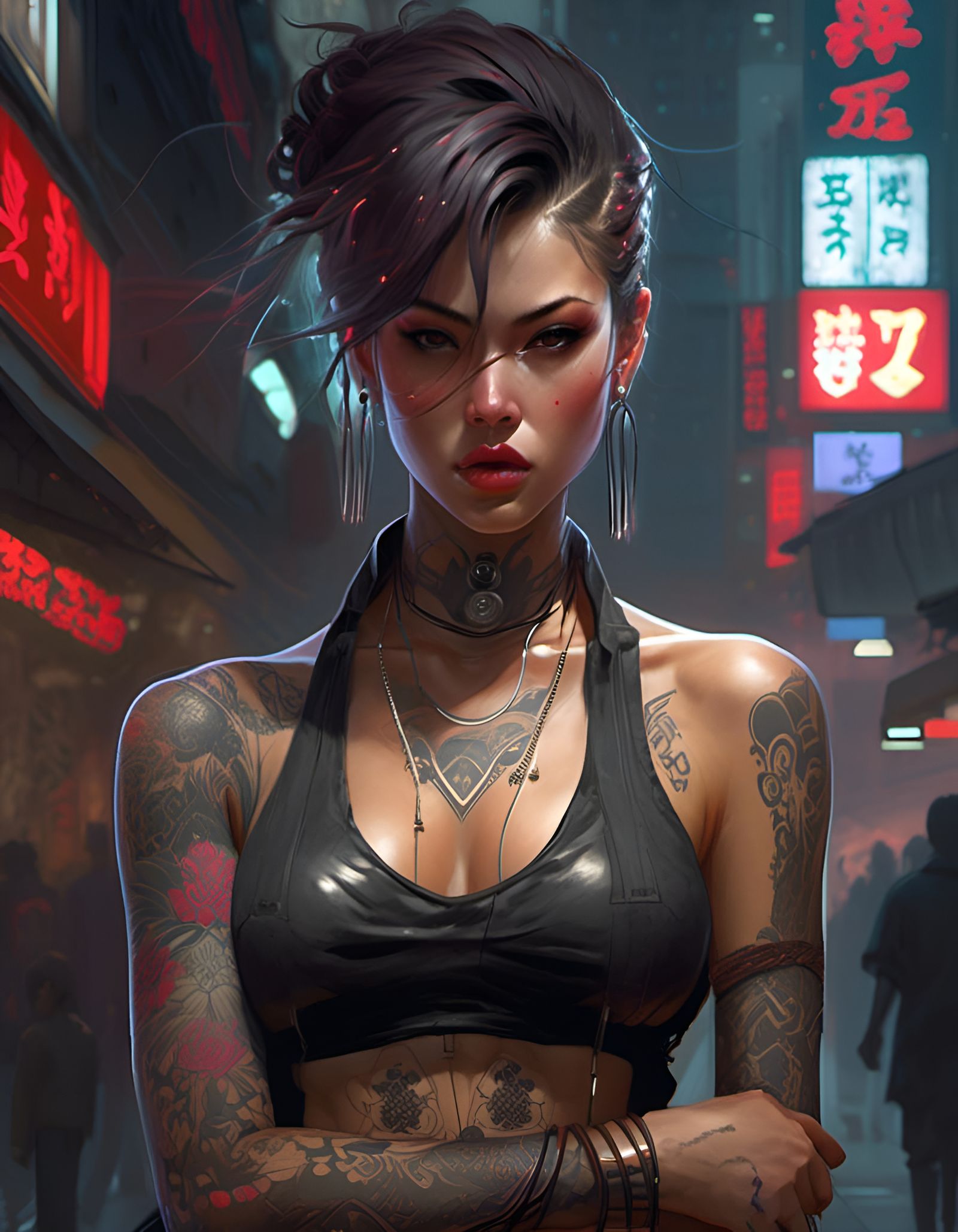 Cyberpunk Yakuza Girl with Tattoos Digital Painting