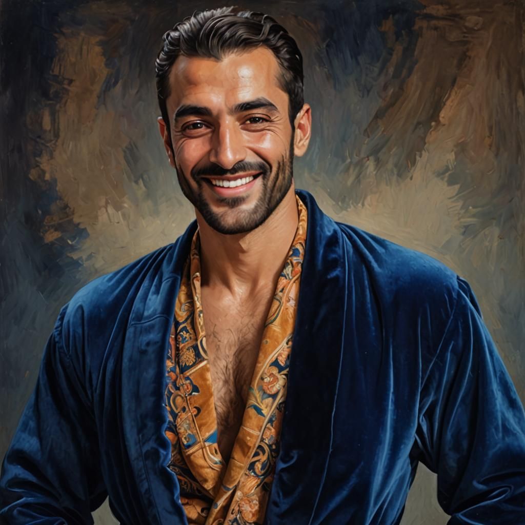 Handsome Man in Blue Robe, Impasto Oil Painting