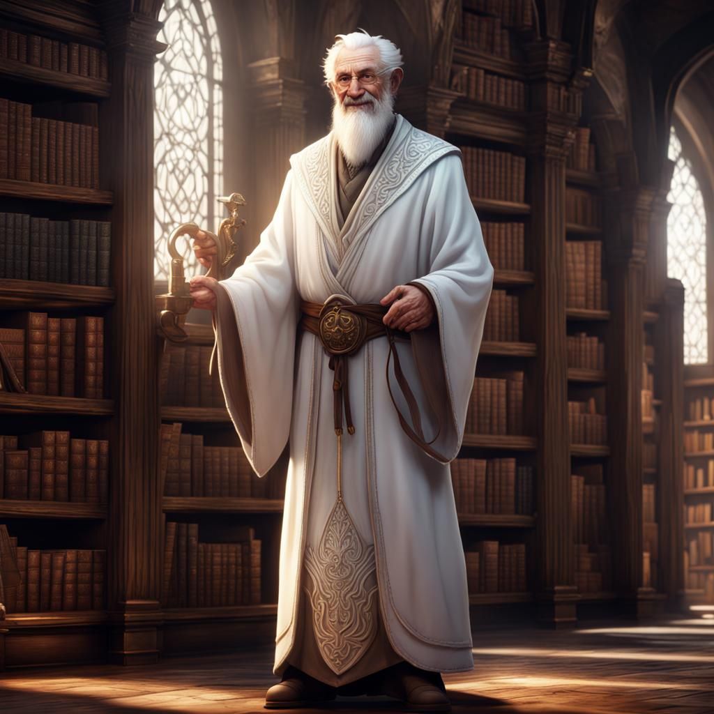 Smiling Old Mage in Library: Fantasy Concept Art
