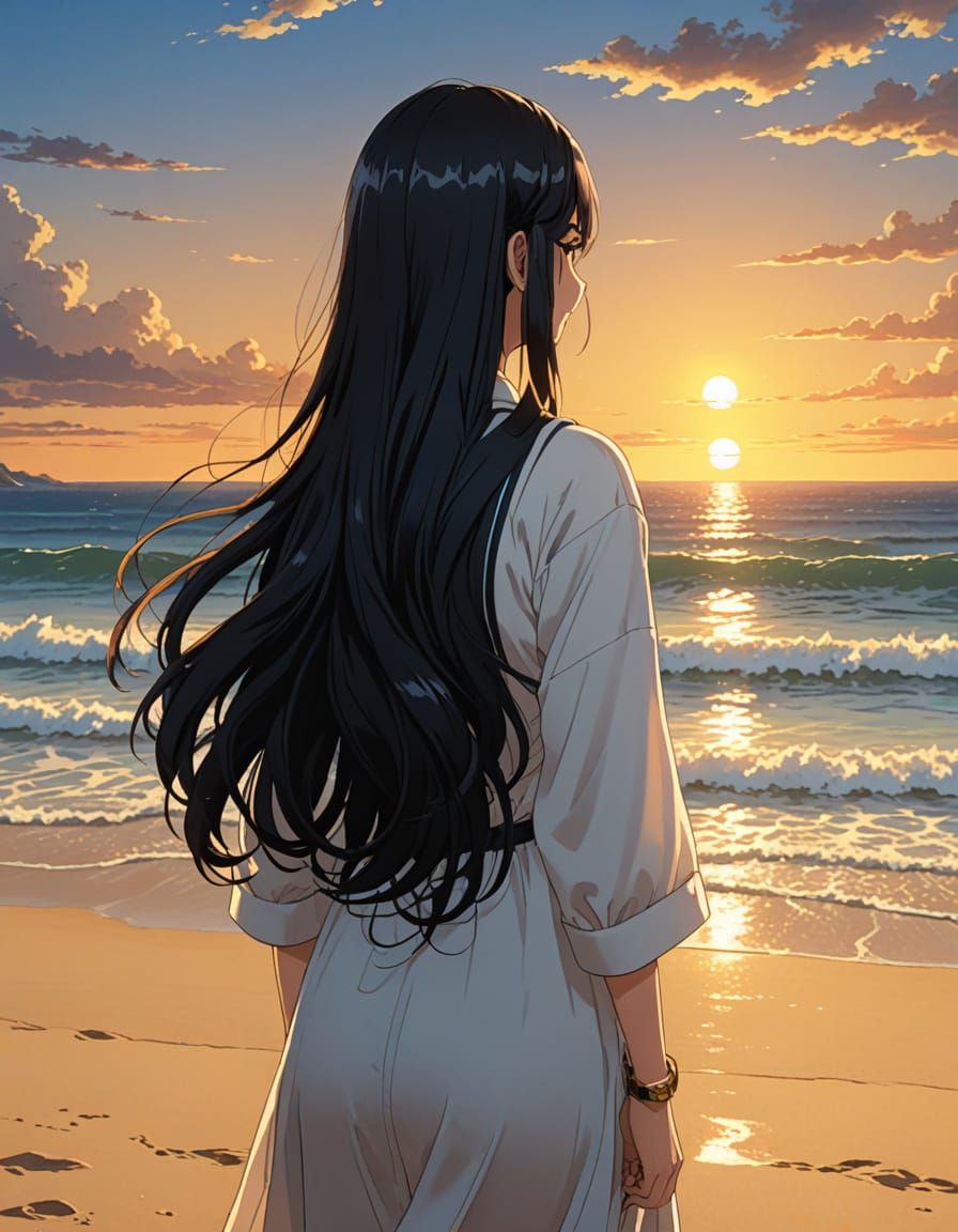 Anime Girl Watching Sunset on Beach with Yellow Eyes