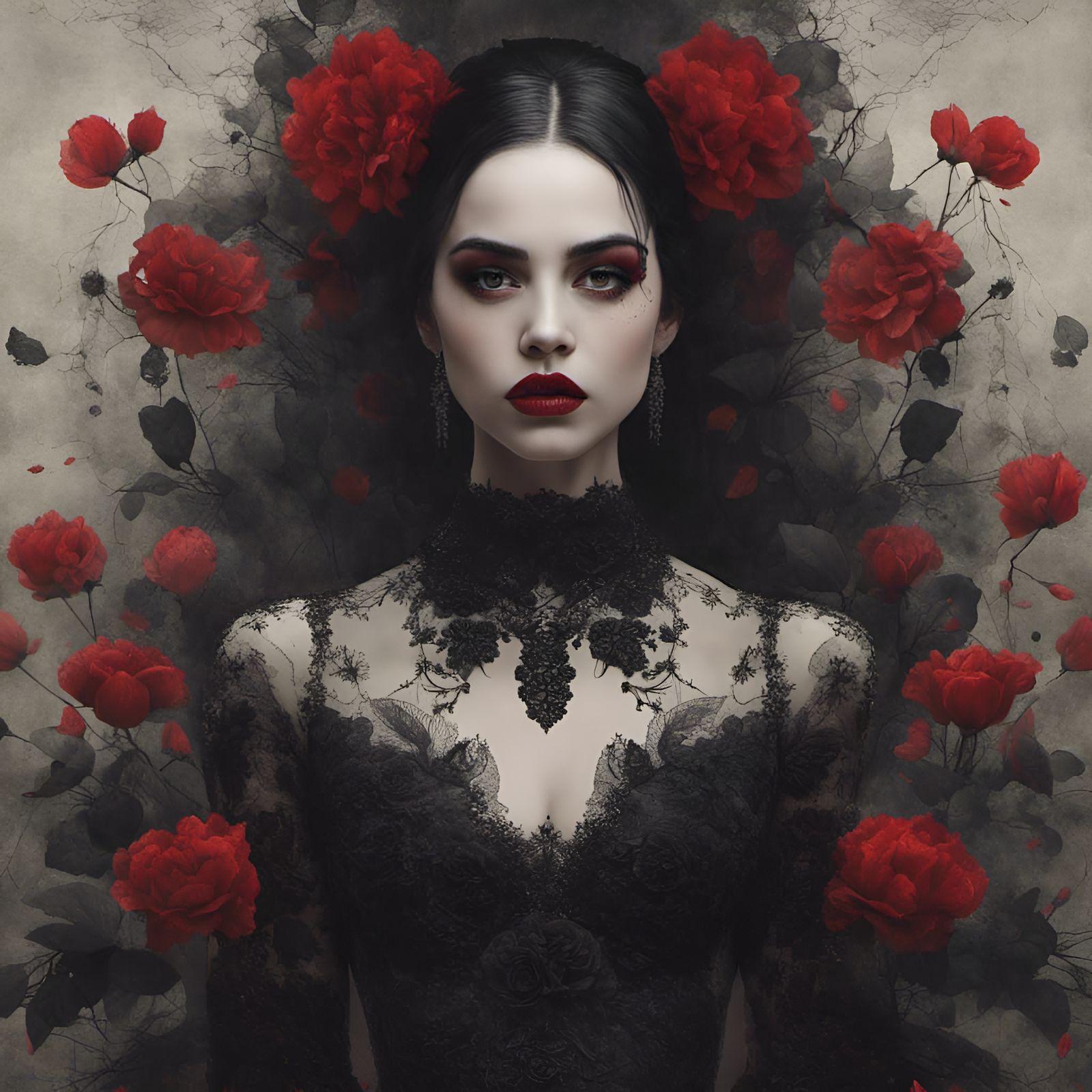 Gothic Bride in Black Floral Couture Gown