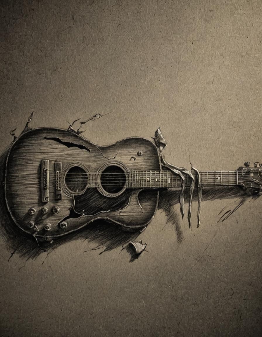 Broken Guitar with Knife: Detailed Pencil Drawing