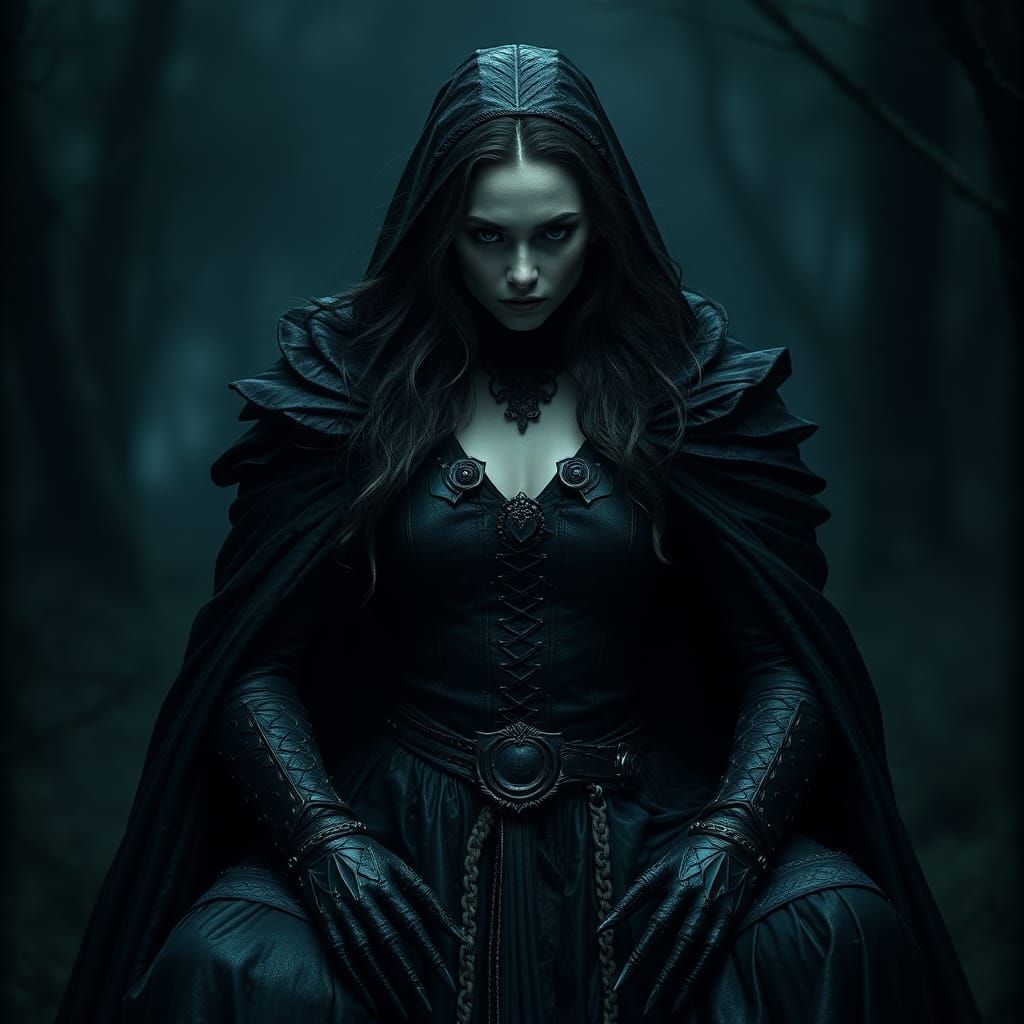 Dark Armored Woman in Biomechanical Nightmare Landscape