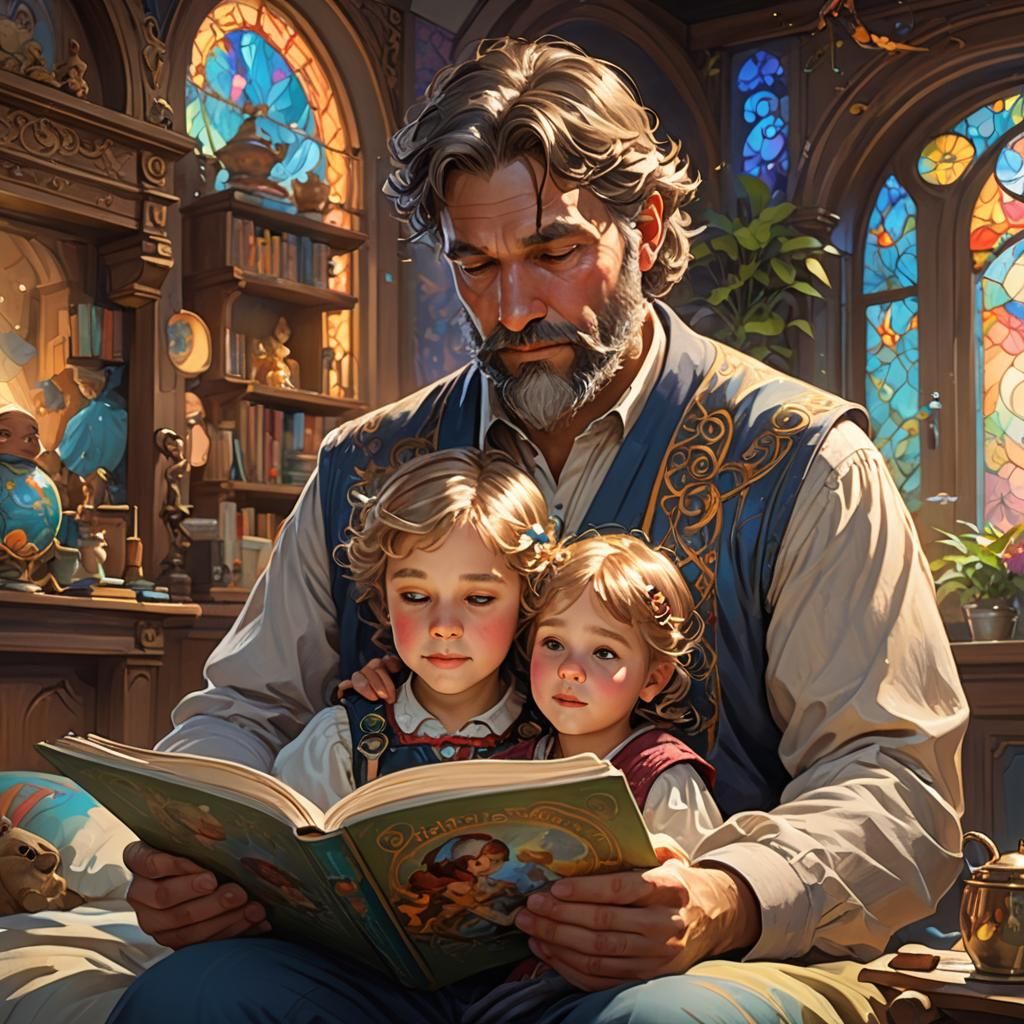 Heartwarming Bedtime Story Portrait in Art Nouveau Style