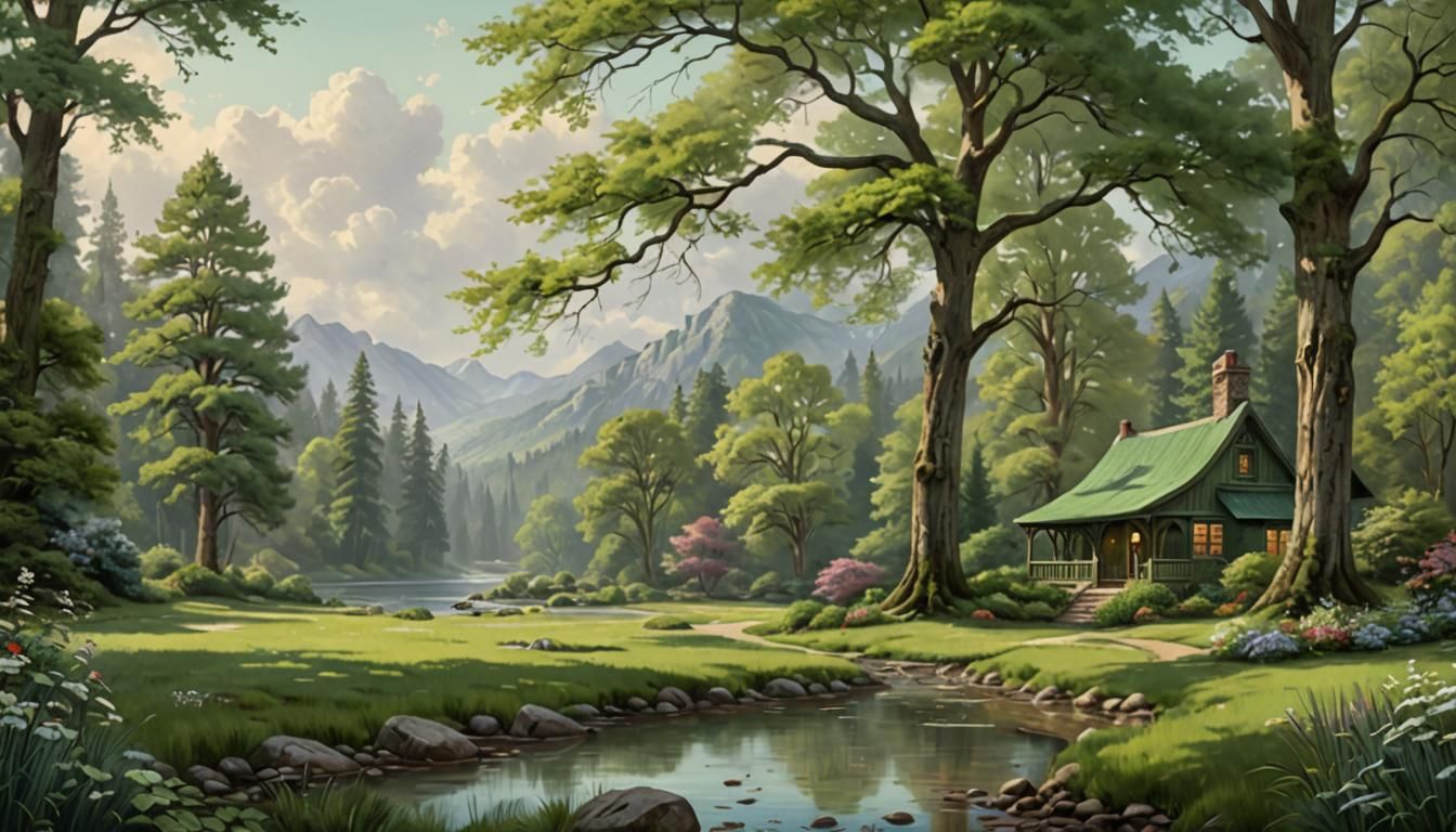 a calming landscape with a dominant green color palette, ser...