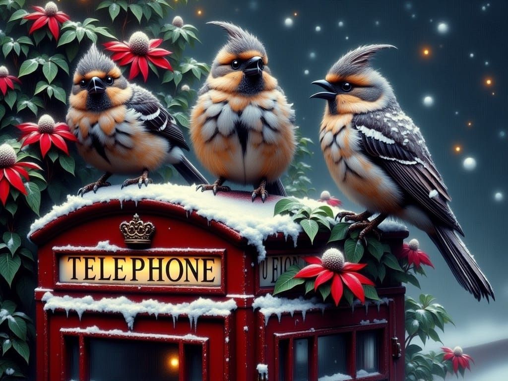Birds Perched on a Red Telephone Booth in the Snow