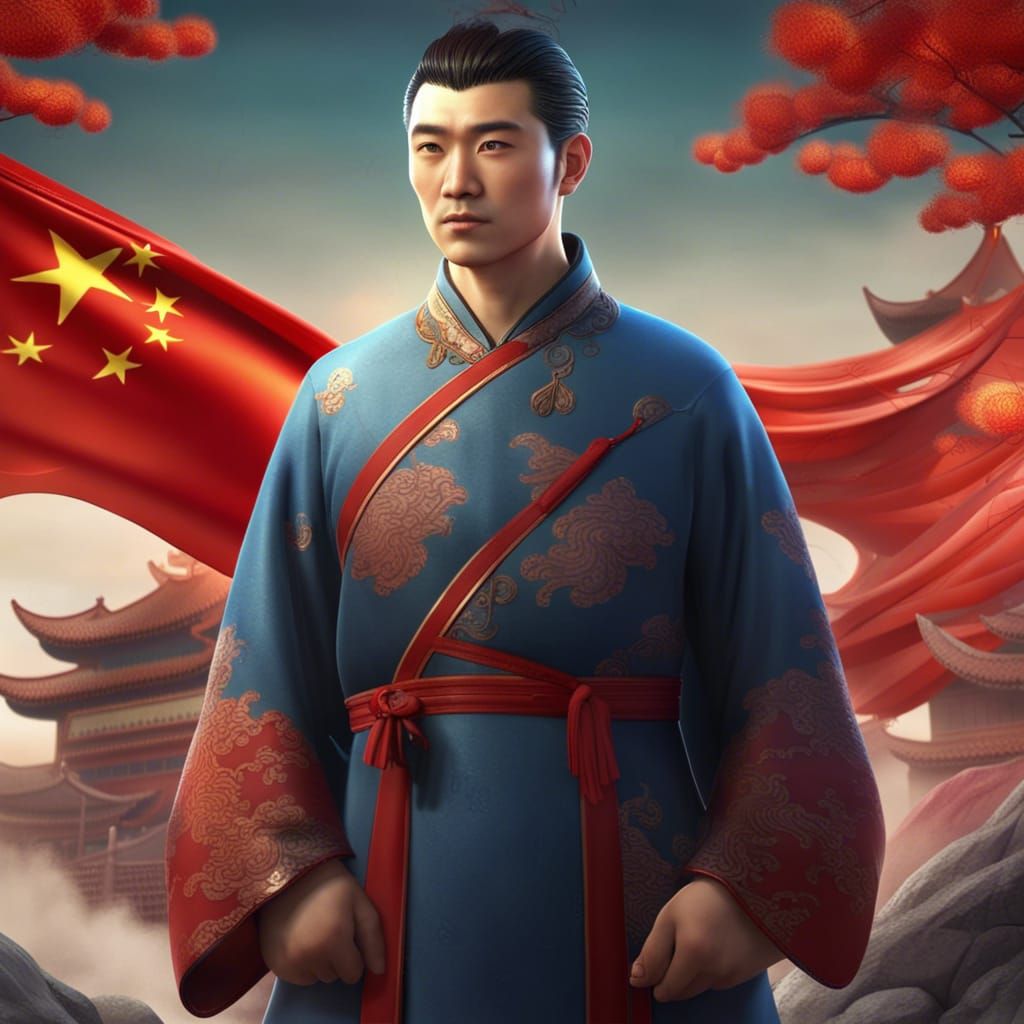 Handsome 3D Chinese Man with Flag, Detailed Animation