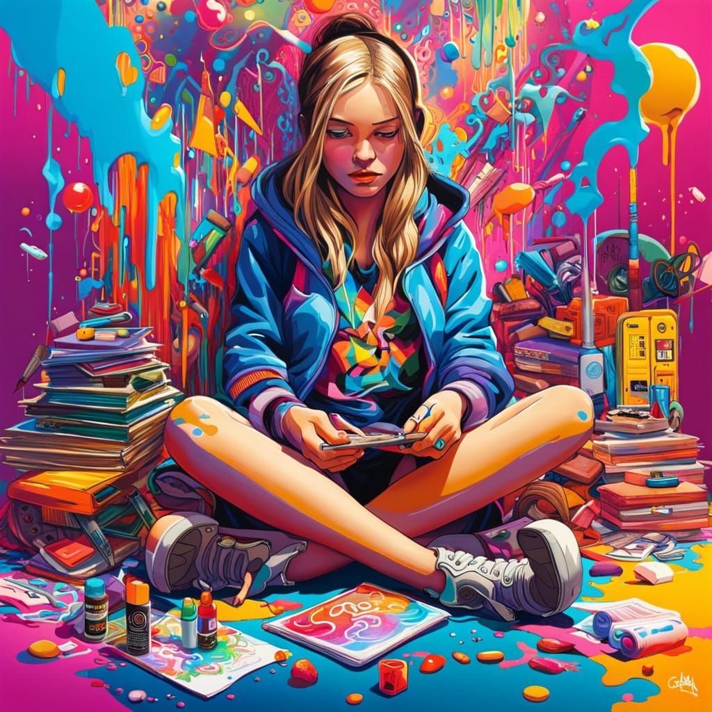 Girl Levitating Amidst Graffiti Art Objects