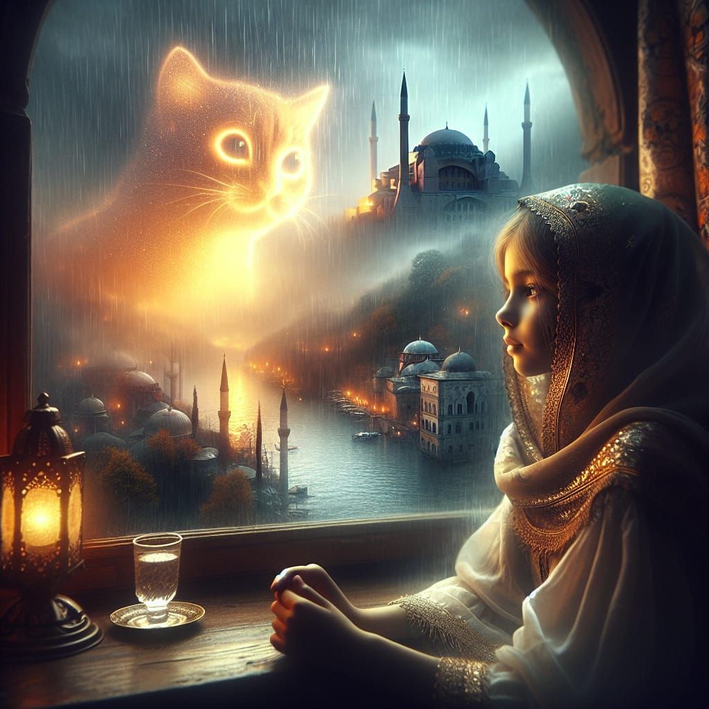 Girl Gazing Out Window with Cat Spirit in Dreamworld