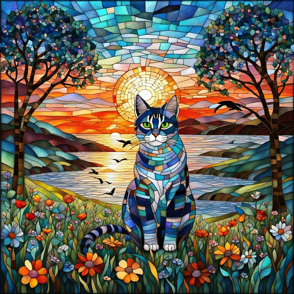 Mosaic cat - sunset lake 2