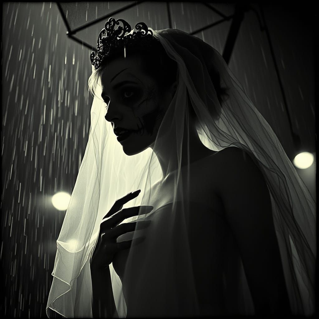 Bride of the magical zombie, moody film style, 1900 photogra...