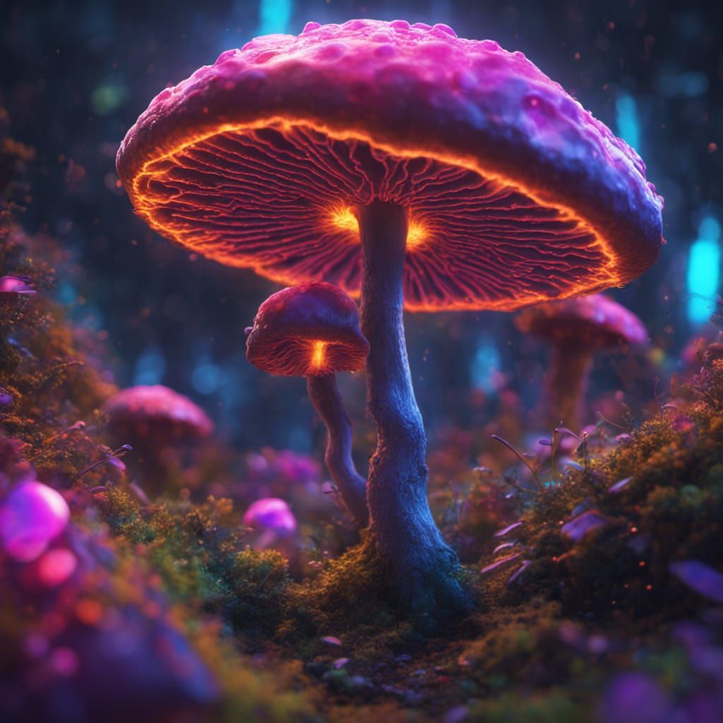Psychedelic Neon Mushroom in Detailed Digital Painting