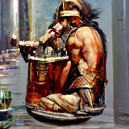 Roman Warrior Enjoys Vodka, Oil Painting Style