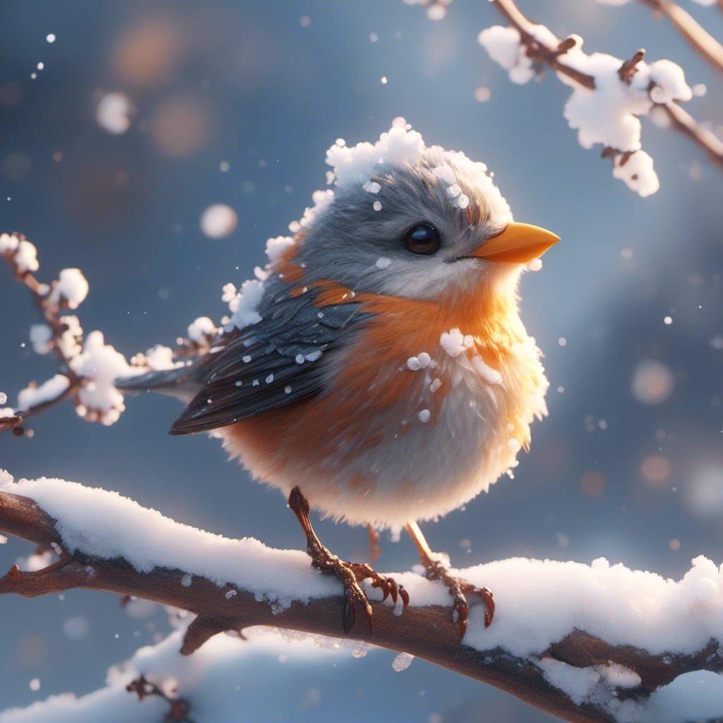 Adorable Bird on Snowy Branch: 3D Anime Art