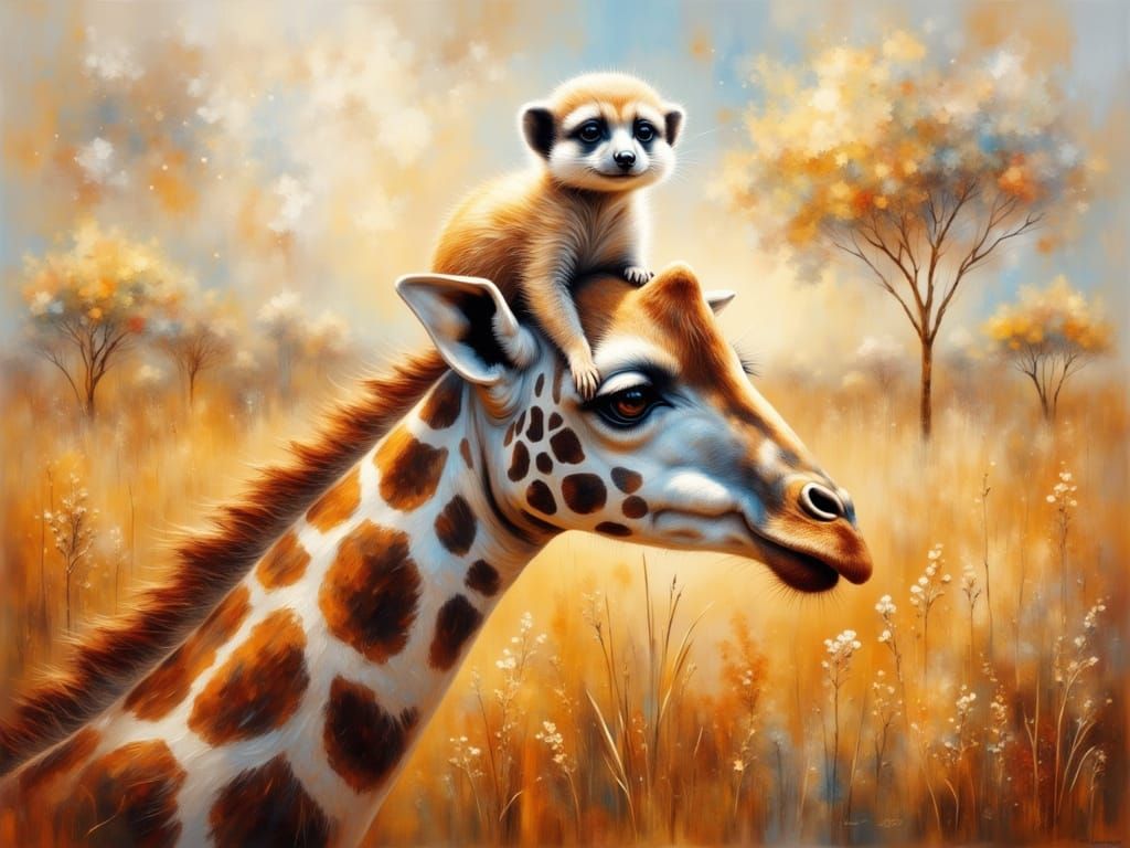 Whimsical Impasto Painting of a Meerkat and Giraffe in Afric...