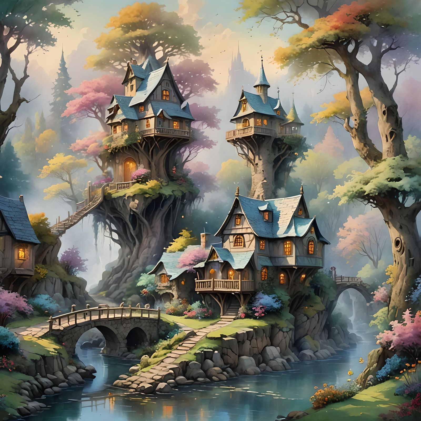 Cozy Medieval Treehouse Village in Watercolor Style