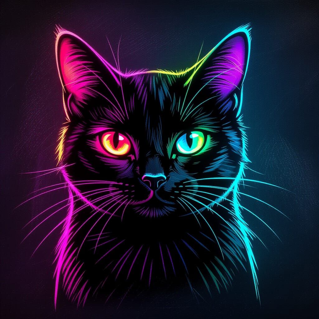 Sleek Black Cat in Vibrant Neon Chalk Art