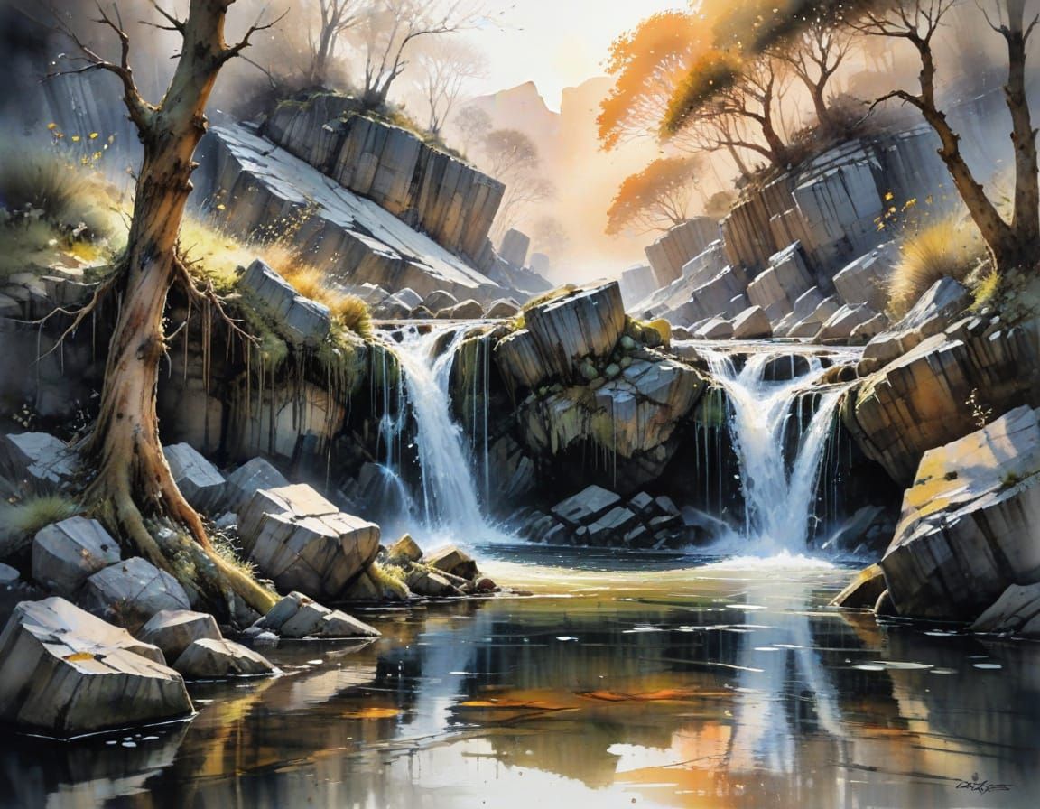 Sunset Waterfall Landscape Painting with Gnarled Tree