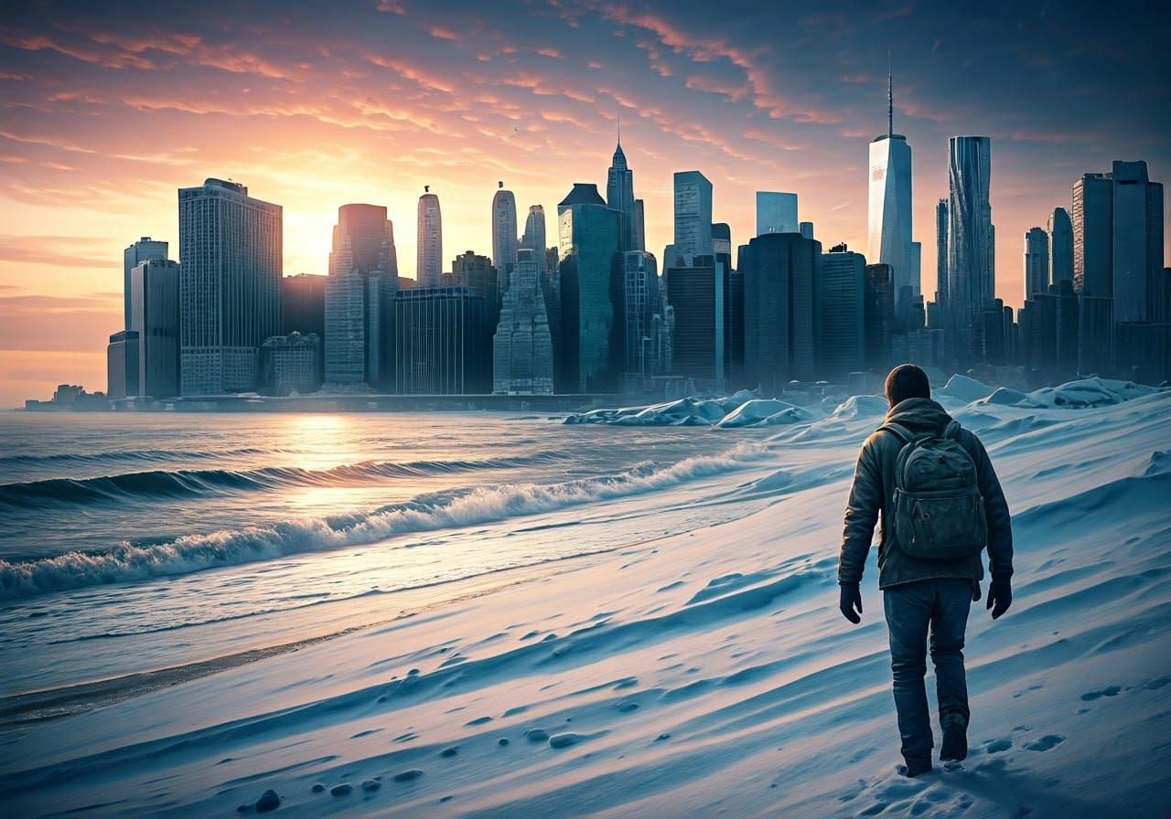 Post-Apocalyptic Winter: New York Skyline at Sunset