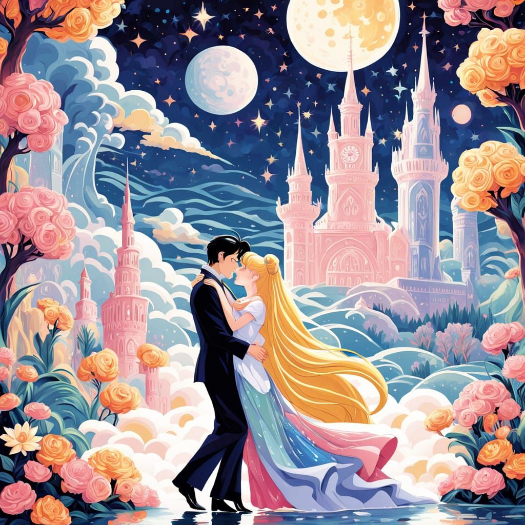 Whimsical Moonlit Romance in Vibrant Gouache Style