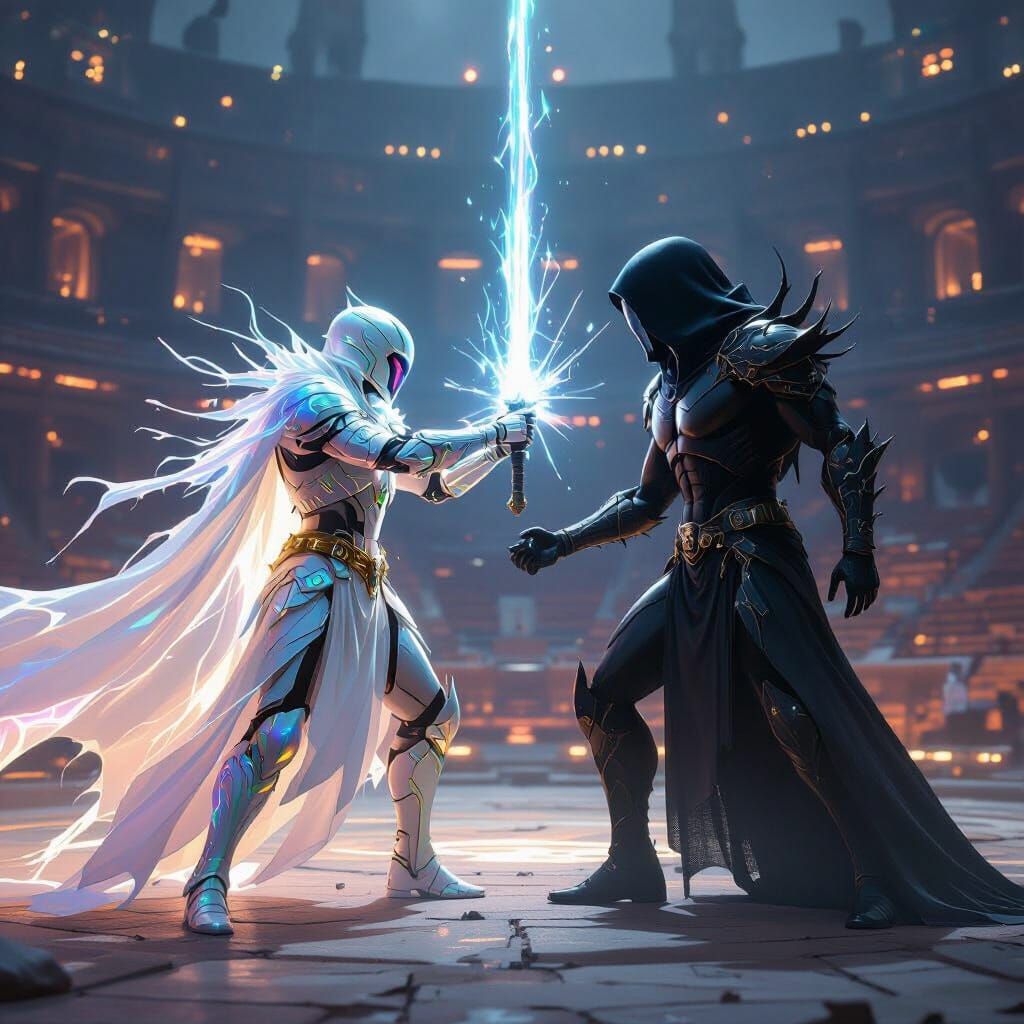 Epic Light vs. Darkness Battle in Futuristic Coliseum