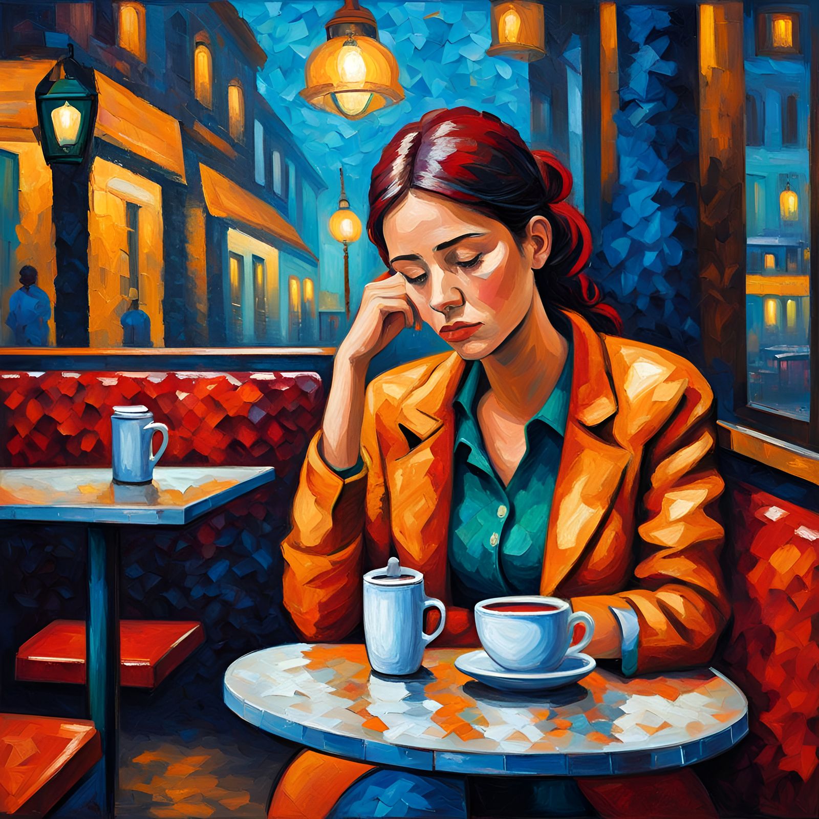 Sad Woman in Cafe: Expressionist Impasto Oil Painting