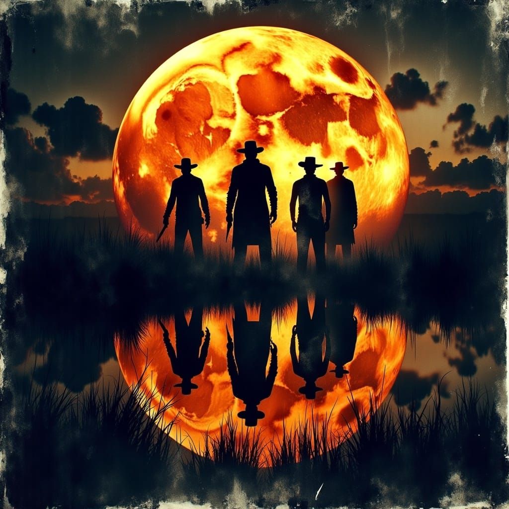 Macabre Gunslingers Silhouetted Under Orange Moon