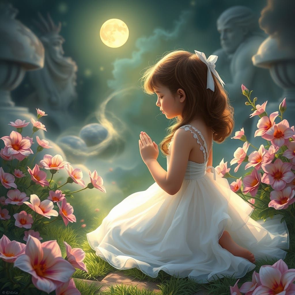 Girl Praying in Moonlight Garden: Ethereal Fantasy Art