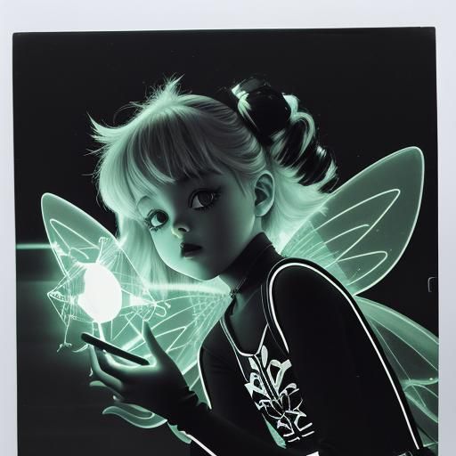 Surreal Rayograph with Rainbow Fairy and Neon Cityscape