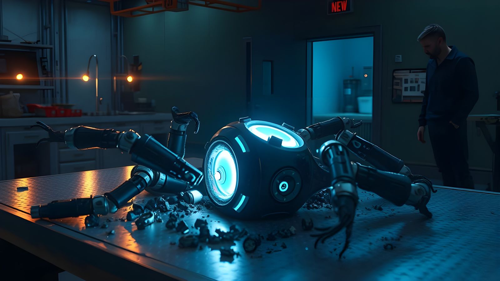 Dark Futuristic Lab Scene with Broken AI Core