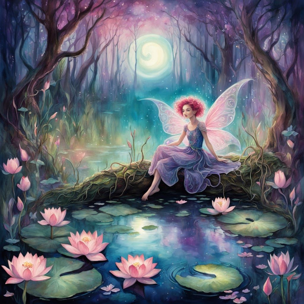 Enchanting Pixie in a Mystical Swamp: Watercolor Oils