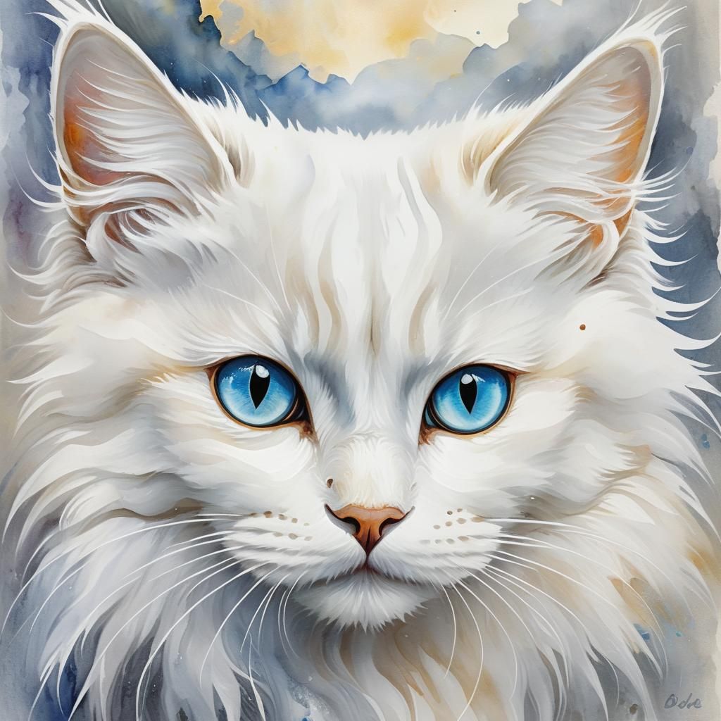 Fluffy White Cat with Prismatic Eyes as Gouache Painting