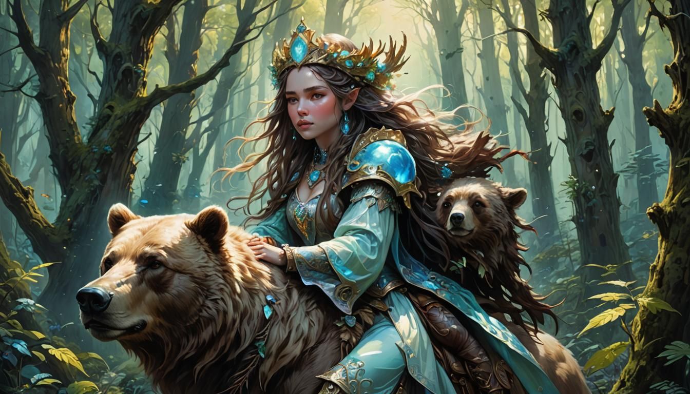 Opal Princess Rides Bear King in Fantasy Forest