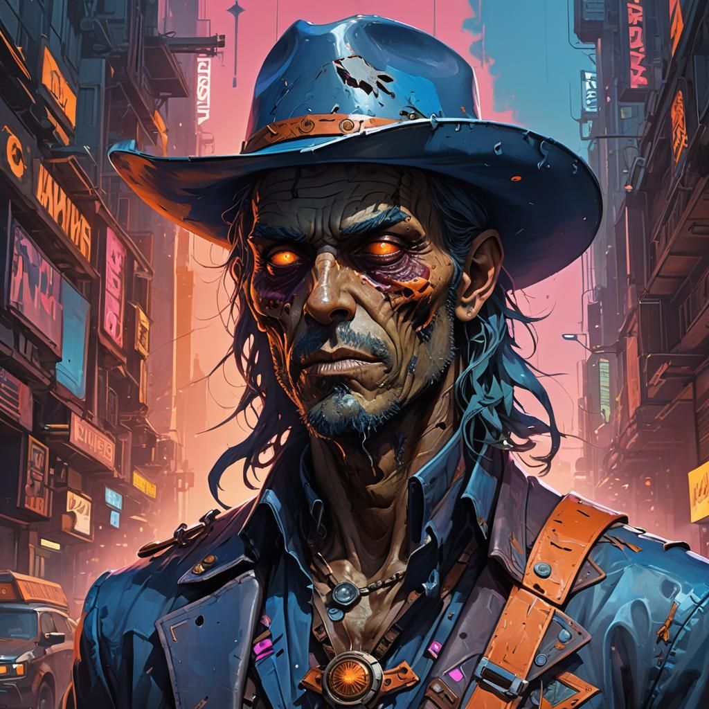 Zombie Cowboy in Retro Metropolis: Science Fiction Portrait