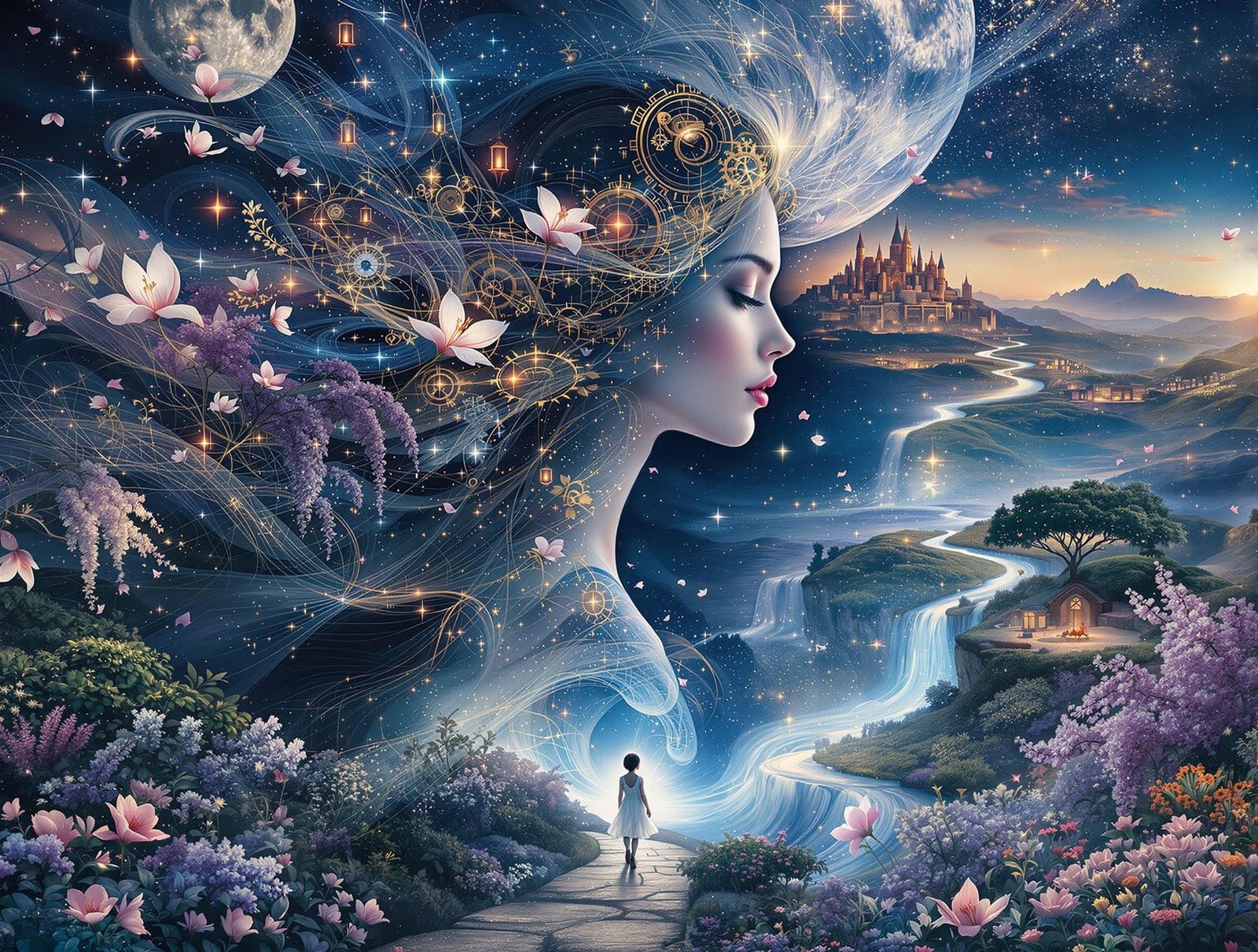 A surreal maximalist double exposure digital painting of a woman with flowing, waist-length hair that seamlessly blends ...