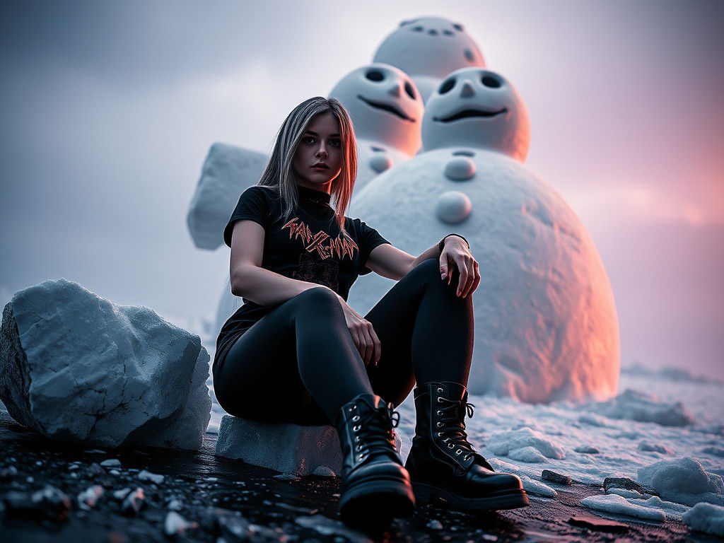 Skarlet, pantyhose, snowman, crossed legs, heavy metal t-shi...