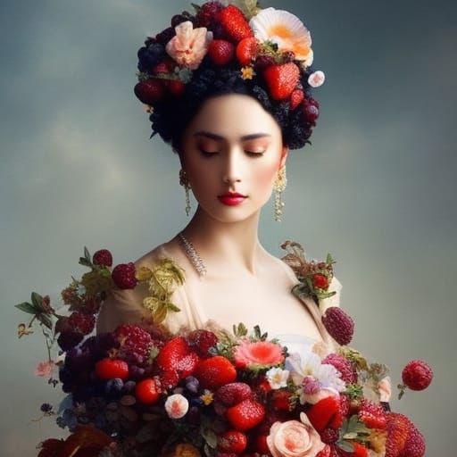Strawberry Cake Crown: Baroque-Inspired Digital Portrait