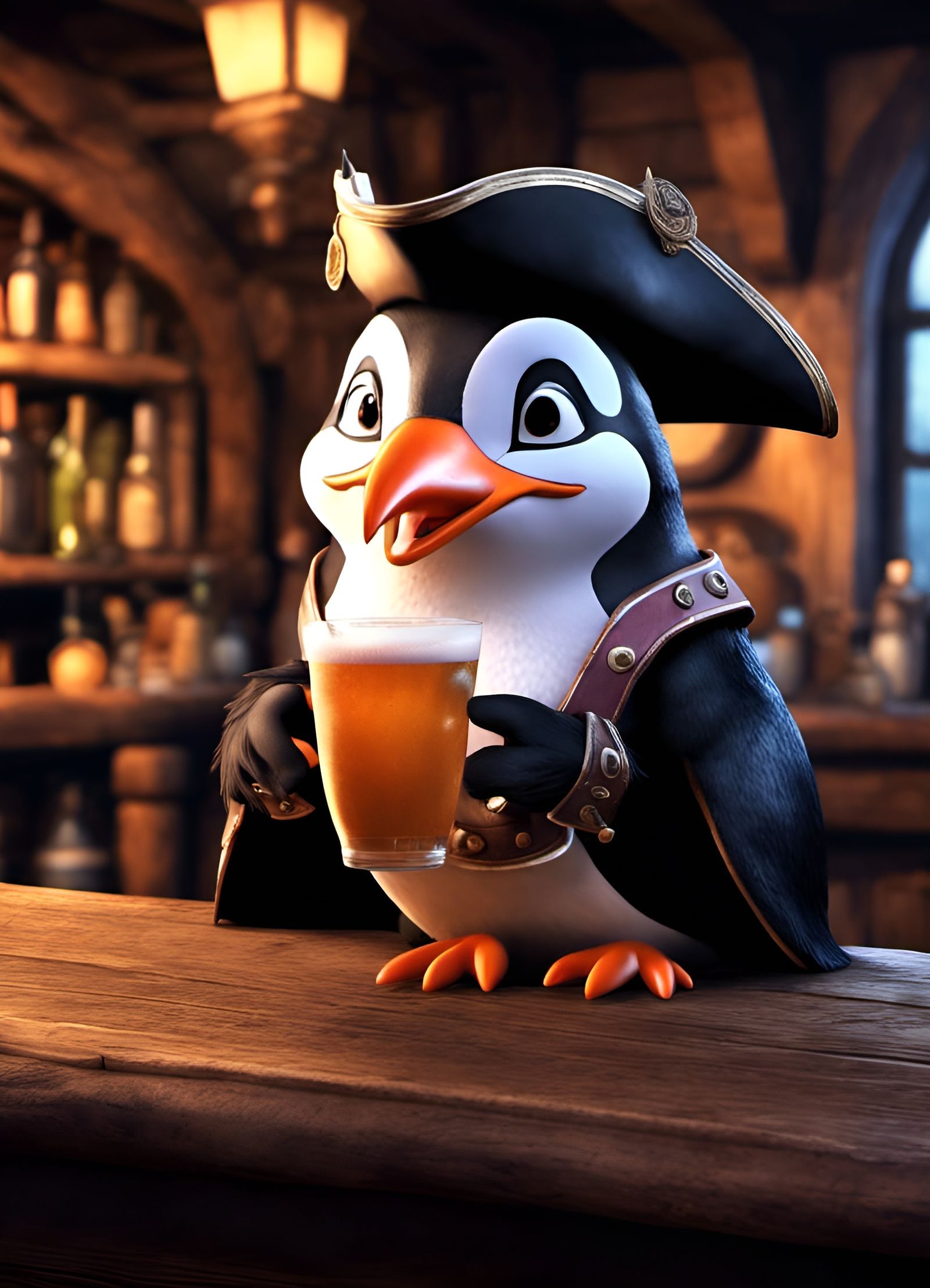 Funny Penguin Pirate in Tavern: Photorealistic CGI