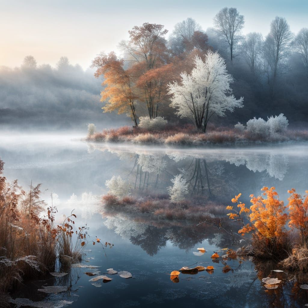 Misty Autumn Lake at Dusk, Frosty & Magical