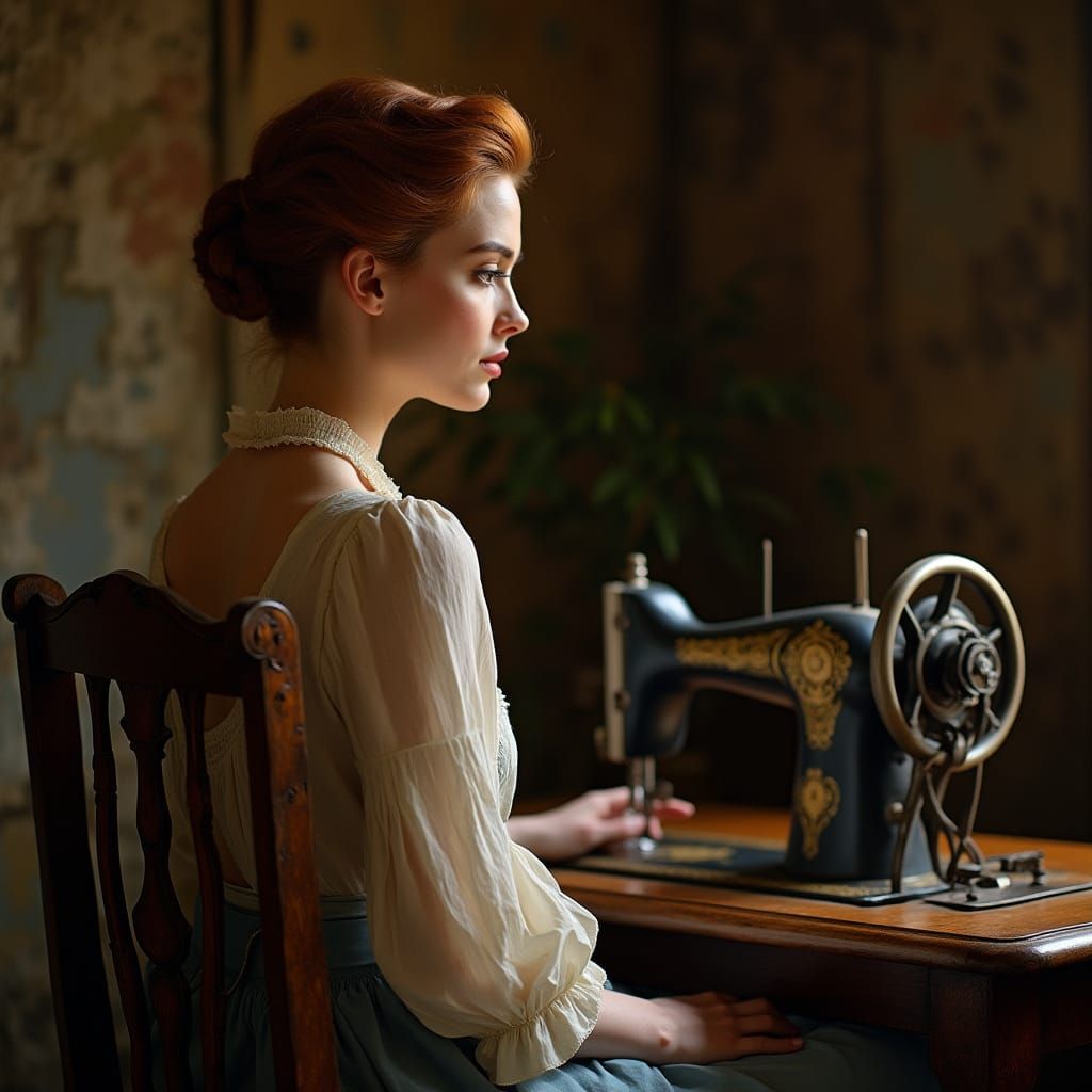 Woman at Vintage Sewing Machine in Dutch Golden Age Style