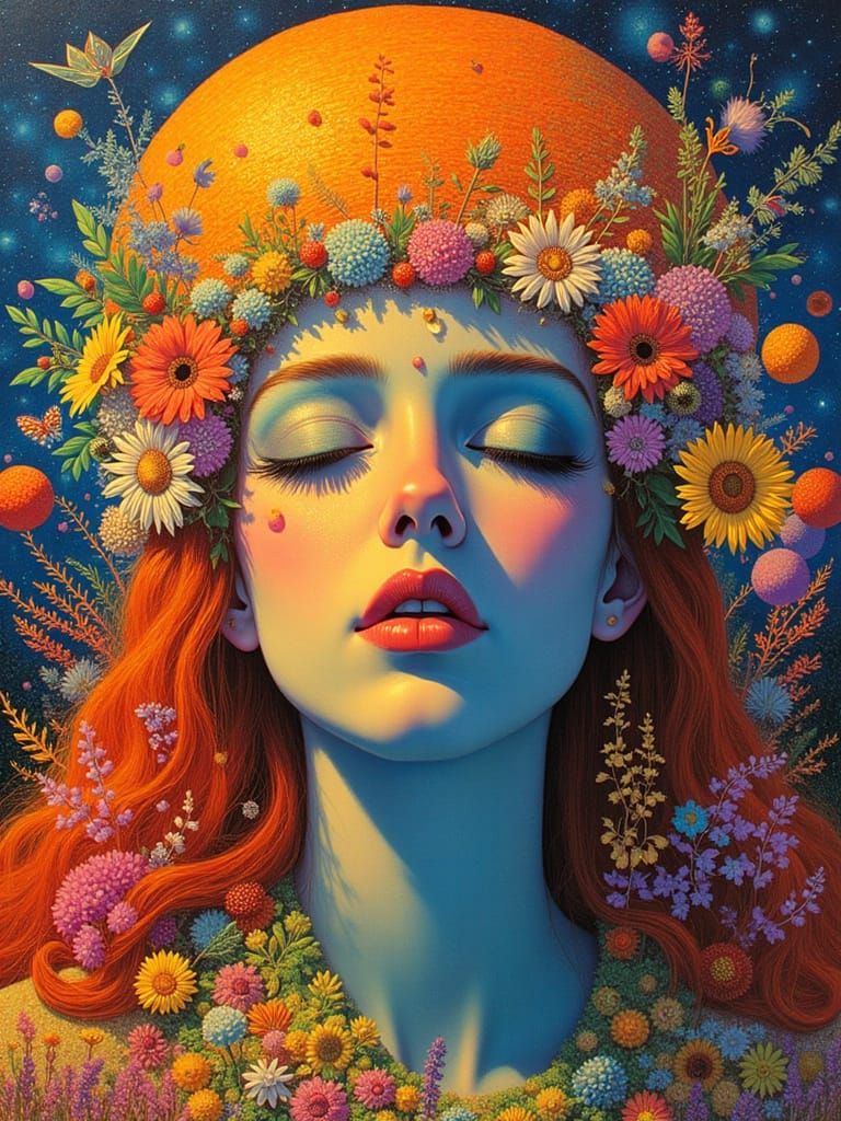 <lora:Somniorum:0.5> in a fusion of surrealism and portraiture in the style of fairy tale fantasy and modern art :: a DM...